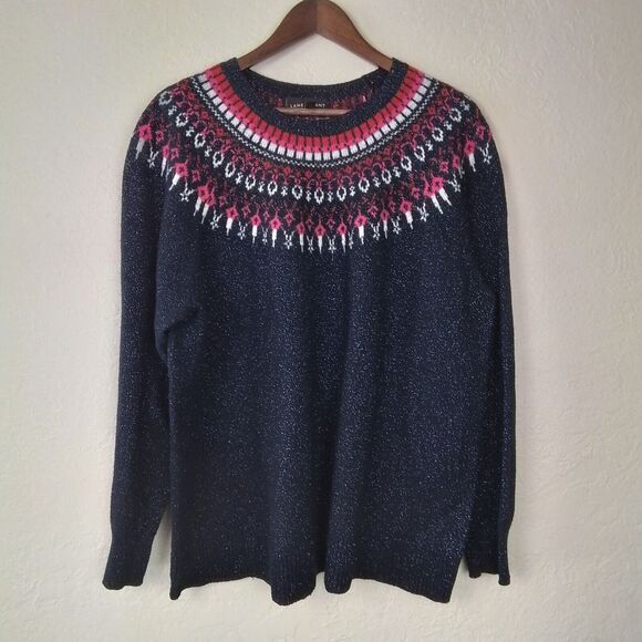 Lane Bryant‎ Sweater 22/24 Navy Blue Fair Isle Sparkle Knit Pullover Long Sleeve - Picture 1 of 13
